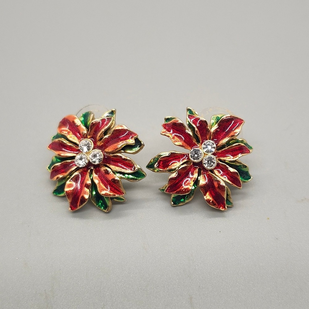 Poinsettia Stud Earrings 1" Enamel Rhinestone Gold Tone Marked 2009 F.L.